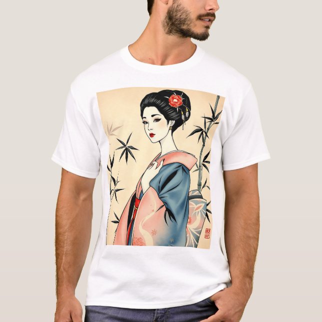 Camiseta Elegante Geisha com Padrões de Bambu e Tinta (Frente)
