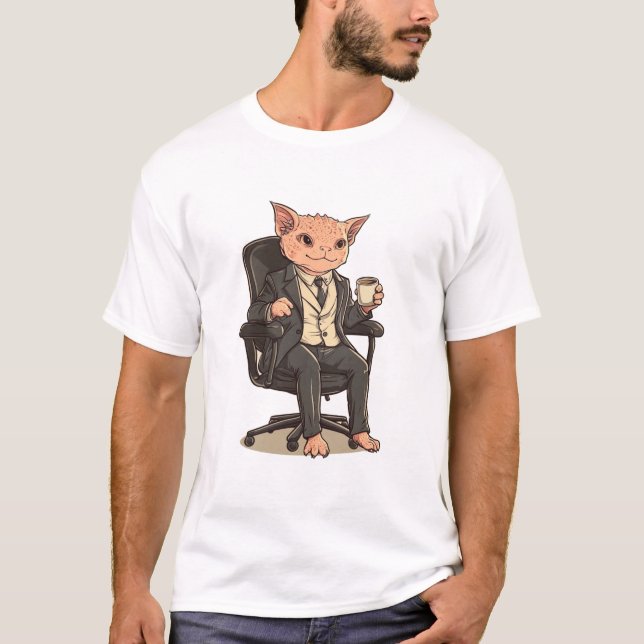 Camiseta Elegante Hairless Business Cat com café - escritór (Frente)