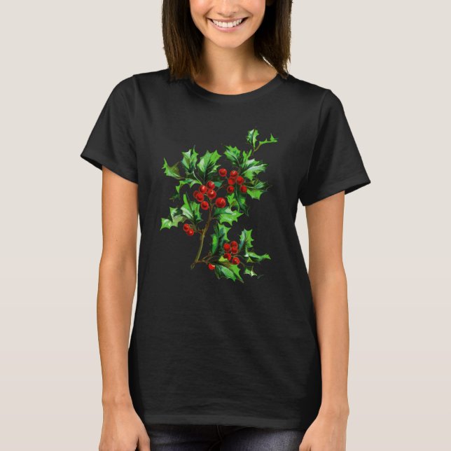 Camiseta Elegante Natais vintages Festivos Holly Berries (Frente)