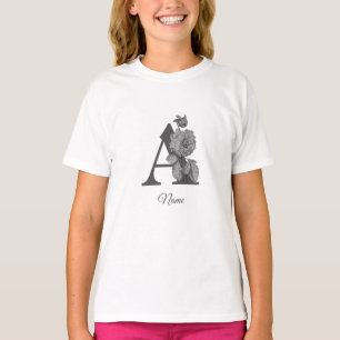 Camiseta Elegante Peônia Prata Monograma Inicial Nome A