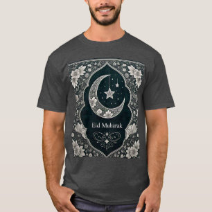 Camiseta Elegante preto e branco Eid Mubarak Crescente Flor