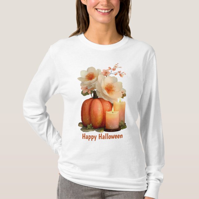 Camiseta Elegante Pumpkin e Flores Halloween (Frente)