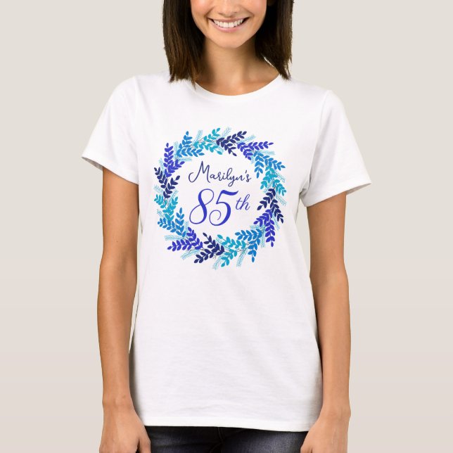Camiseta Elegante Royal Blue Wreath Monograma 85. º Anivers (Frente)