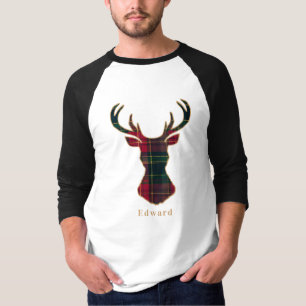 Camiseta Elegante Xadrez Tartan Feliz Natal Nome da Família