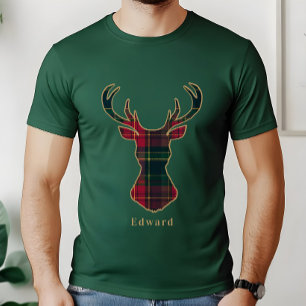 Camiseta Elegante Xadrez Tartan Feliz Natal Nome da Família