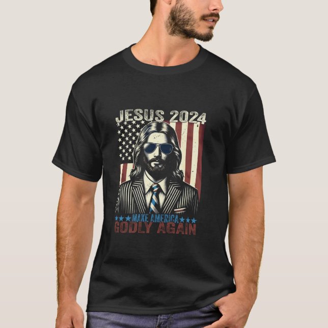 Camiseta Eleição Engraçada Jesus 2024 Torna a América Mal D (Frente)