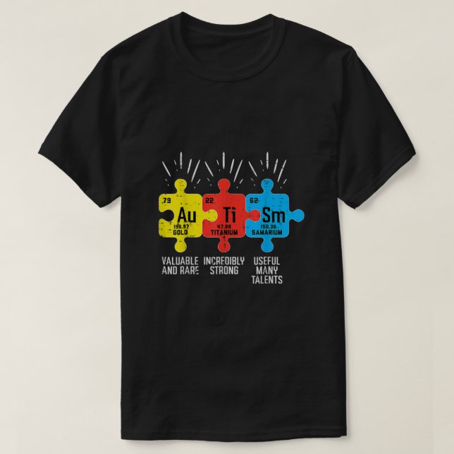 Camiseta Elementos Autismo Sensibilização Periódica da Mesa (Frente do Design)