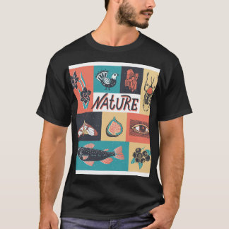 Camiseta Elementos Natureza, Ícones de Estilo Retroativo.