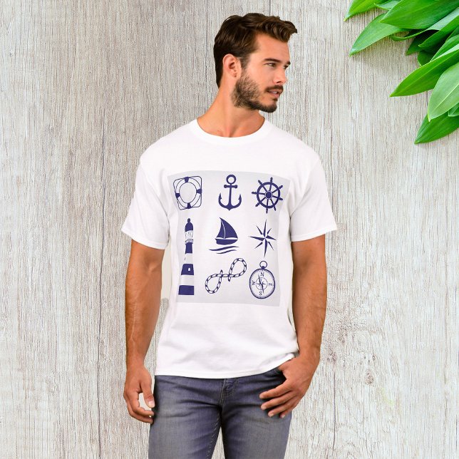 Camiseta Elementos Náuticos Marinhos Azul Marinho Ícones Co (Criador carregado)