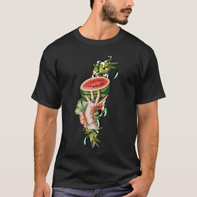 Camiseta Elementos tradicionais da Palestina no mapa da Pal (Frente)