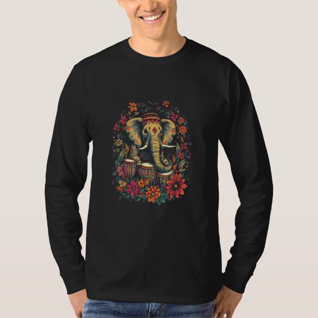 Camiseta Elephant Playing Drums  Drumming Drummer Boho Hawa (Frente)