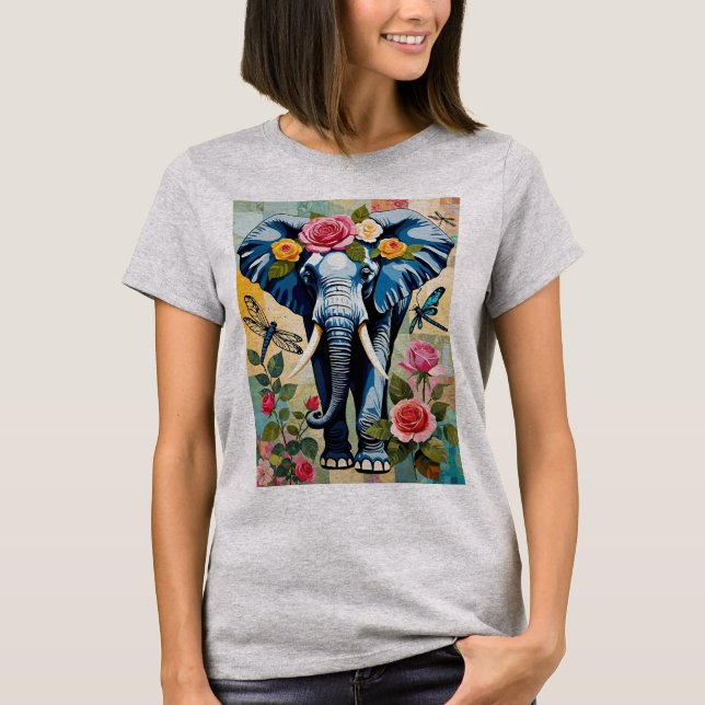 Camiseta Elephant With Roses And Dragonflies Patchwork (Frente)