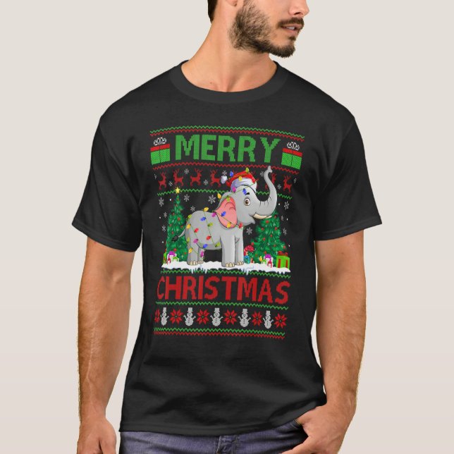 Camiseta Elephant   Xmas Tree Light Ugly Santa Elephant Chr (Frente)