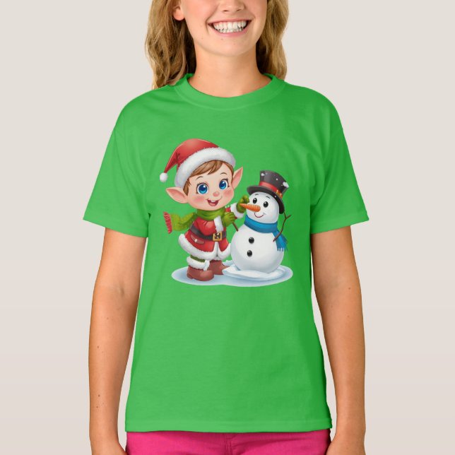 Camiseta Elf Building Snowman – Fun Kids Christmas Tee (Frente)