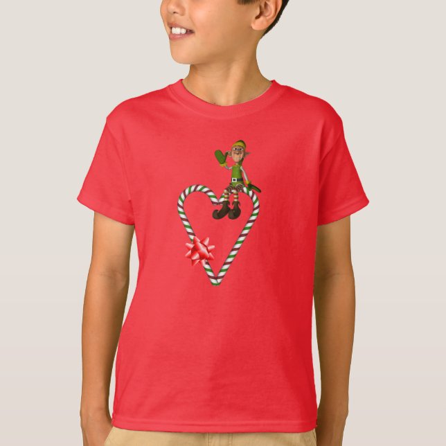Camiseta Elf Candy Cane Heart Feriado Bonito de Natal (Frente)