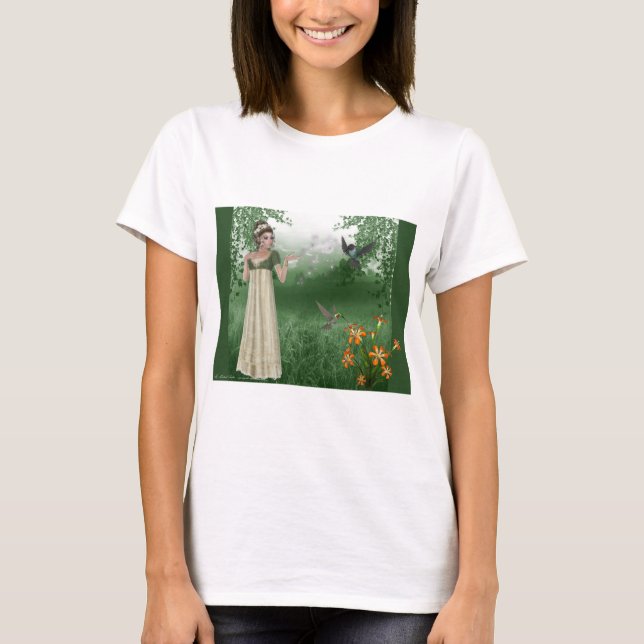 Camiseta Elf Magic no campo de grama com beija-flores (Frente)