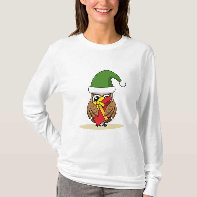 Camiseta Elf Owl de Natal com Presente (Frente)