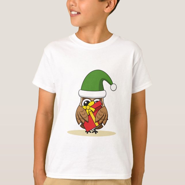 Camiseta Elf Owl de Natal com Presente (Frente)