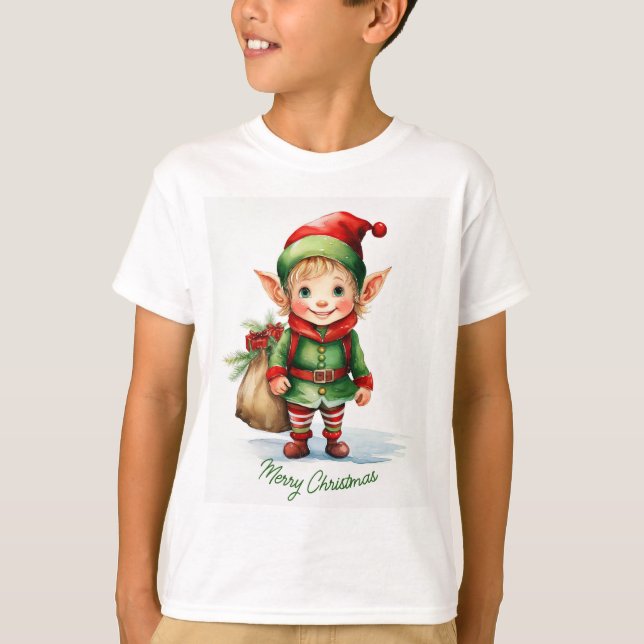 Camiseta Elfo de Natal com um saco de presentes (Frente)
