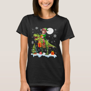 Camiseta Elfo Montando Árvore de Natal T-rex Luzes Colorida