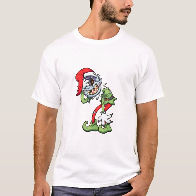 Camiseta elfo zombie de natal com sorriso mau (Frente)