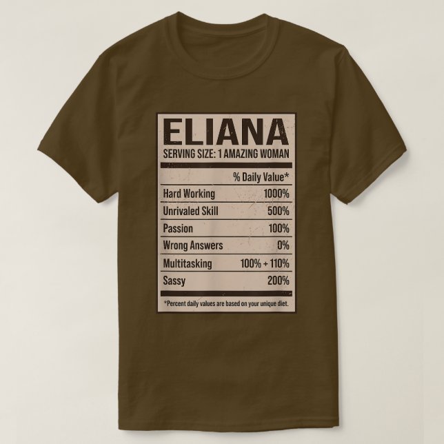 Camiseta Eliana Nutrition Facts Name Alias Título F (Frente do Design)