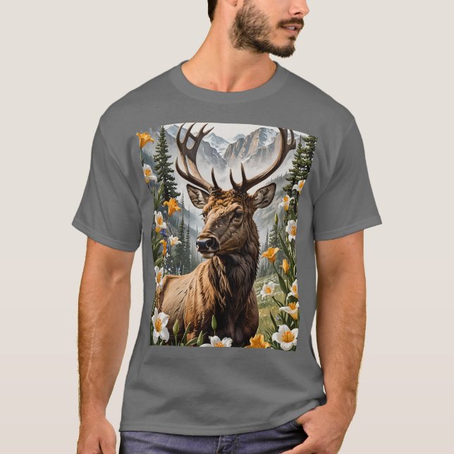 Camiseta Elk De Montanha Utahn, Cercado Por Flores De Sego  (Frente)