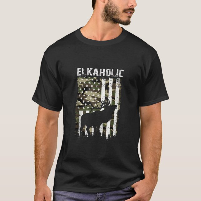 Camiseta Elk Hunting Elkaholic Hunters Engraçado Bandeira d (Frente)