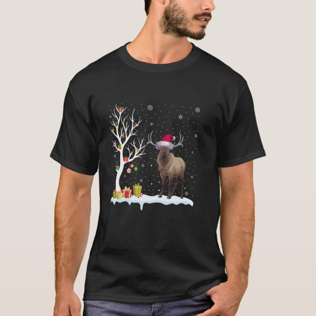 Camiseta Elk Santa Hat Árvore Festiva Light Natal Pajama (Frente)