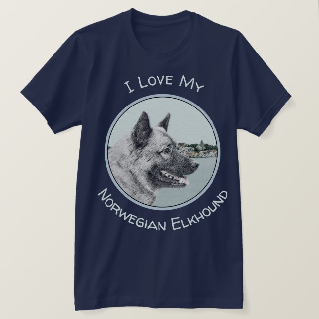 Camiseta Elkhound norueguês na pintura da vila - Arte canin (Frente do Design)