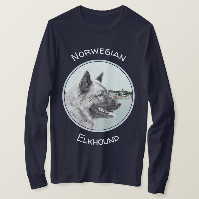 Camiseta Elkhound norueguês na pintura da vila - Arte canin (Frente do Design)