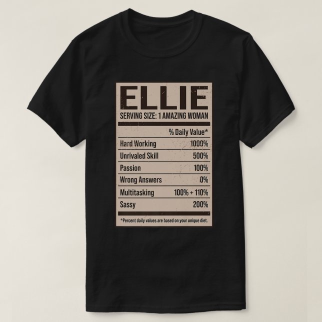 Camiseta Ellie Nutrition Facts Name Apelido Alias Title For (Frente do Design)