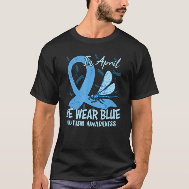Camiseta Em Abril Eu Uso Azul Libélula Conscientização da A (Frente)