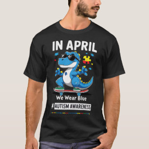 Camiseta Em Abril Usamos Azul Dinossauro Divertido De Skate