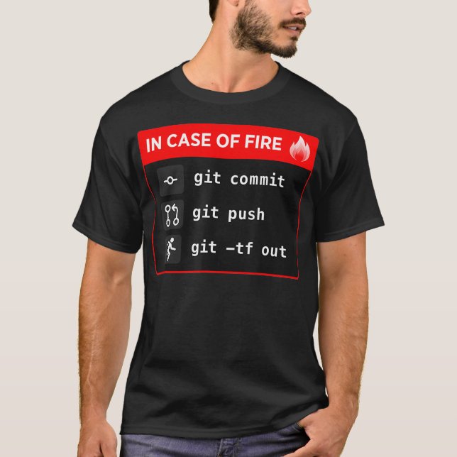 Camiseta Em caso de incêndio Git Commit Git Push Git Out  (Frente)