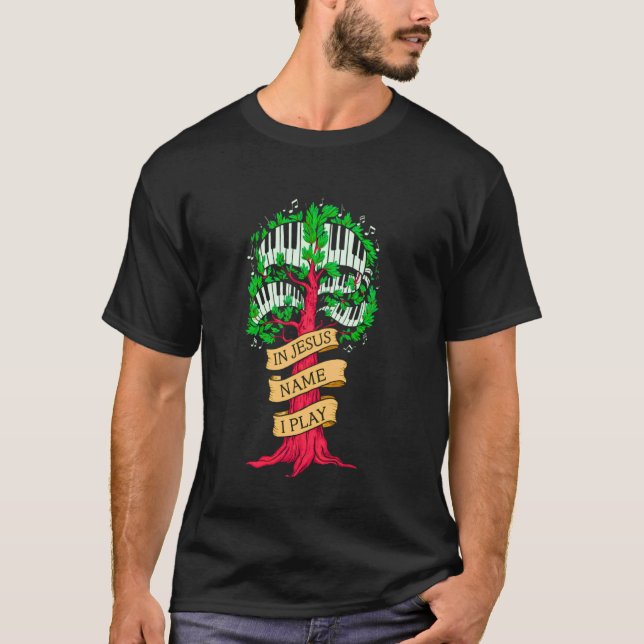 Camiseta Em nome de Jesus, eu toco piano player música cris (Frente)