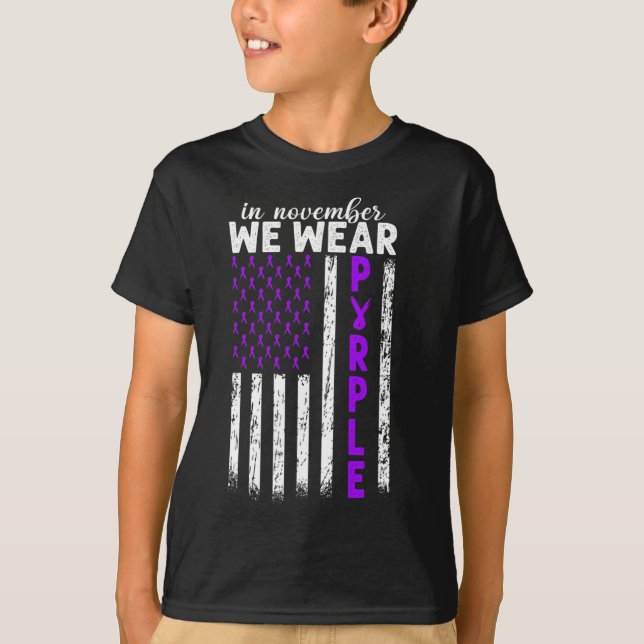 Camiseta Em novembro, Vestimos Câncer de pâncreas Roxo Usa  (Frente)