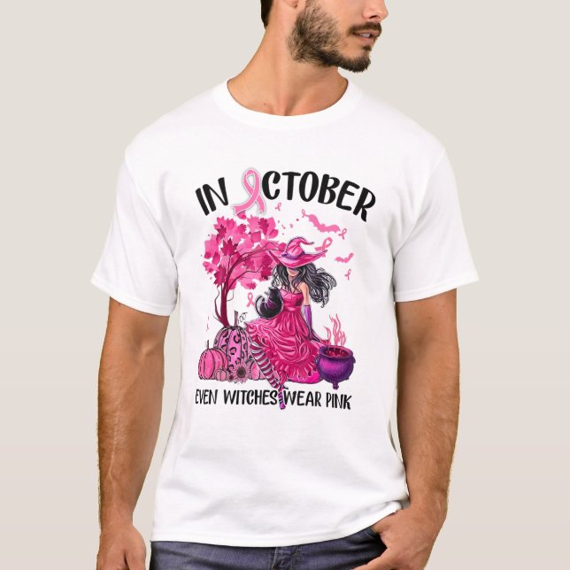 Camiseta Em outubro, até as bruxas Vestem cor-de-rosa outon (Frente)