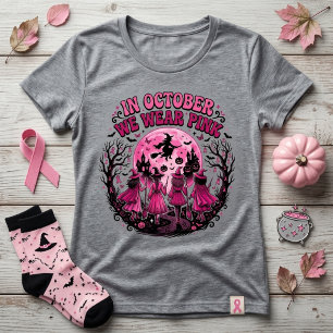 Camiseta em Outubro Nós Usamos Rosa Bruxa Seio Câncer Hallo