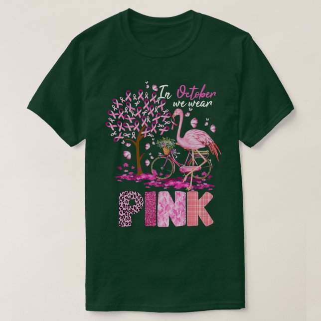 Camiseta Em outubro, Vestimos Breas Flamingo Cute De Fita R (Frente do Design)