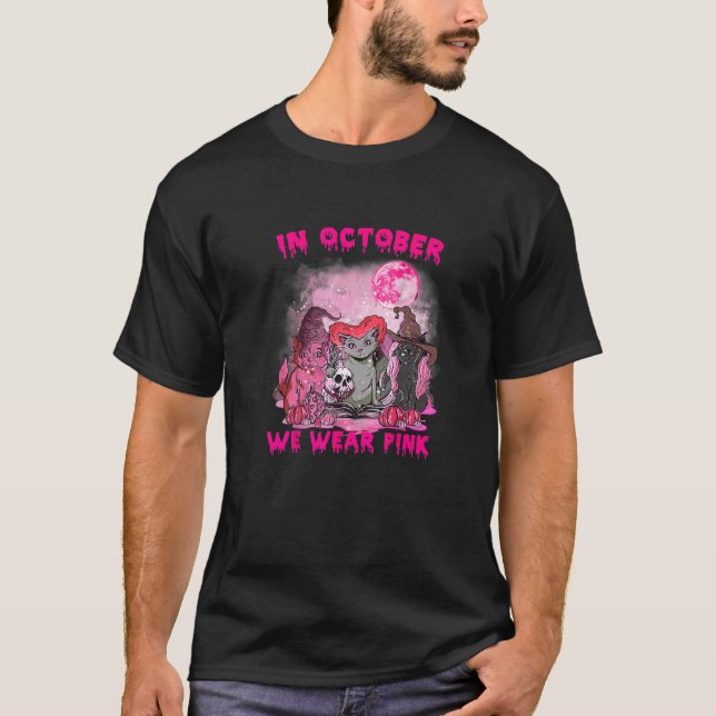 Camiseta Em outubro Vestimos Bruxas de Gato Rosa, Cancer (Frente)