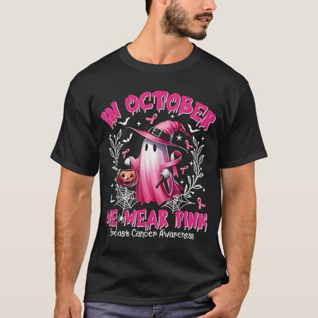 Camiseta Em outubro Vestimos Cancer de Mama de Bruxas Fanta (Frente)