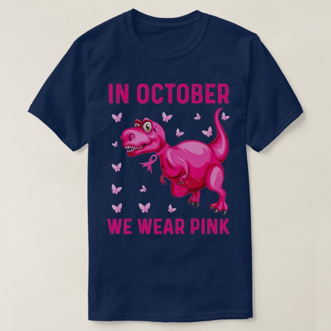 Camiseta Em outubro Vestimos Dinossauro Rosa (Frente do Design)