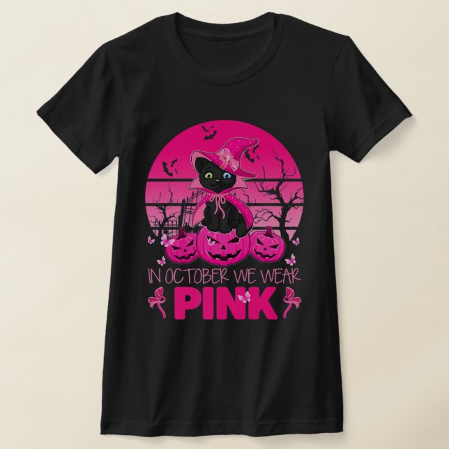 Camiseta Em outubro, Vestimos Gato Rosa Rosa, Gato-De-Manhã (Postura )