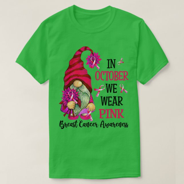 Camiseta Em outubro Vestimos Gnomo Rosa Cancer Mama Awaren (Frente do Design)