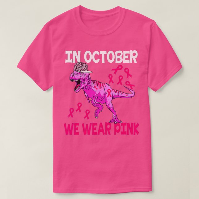 Camiseta Em outubro Vestimos O Cancer Rosa Trex Dino Ki (Frente do Design)