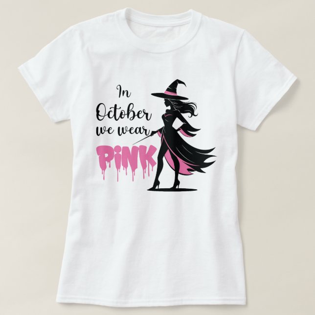 Camiseta Em outubro Vestimos o Dia das Bruxas Rosa (Frente do Design)