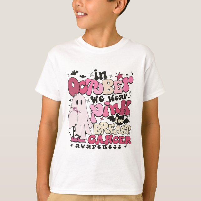 Camiseta Em outubro Vestimos Rosa Para O Hallowee Do Cancer (Frente)