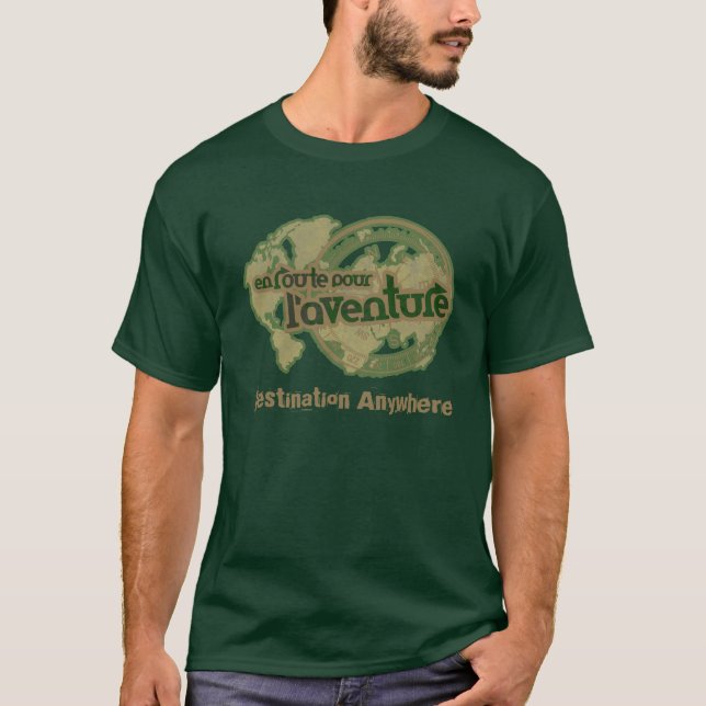 Camiseta em rota l'aventure em qualquer lugar verde tee (Frente)