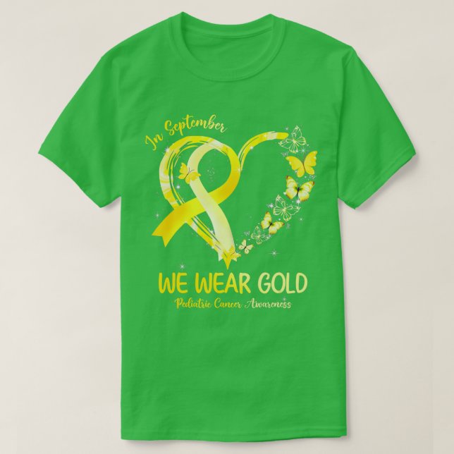 Camiseta Em setembro Vestimos Cancer Pediátrico Dourado A (Frente do Design)